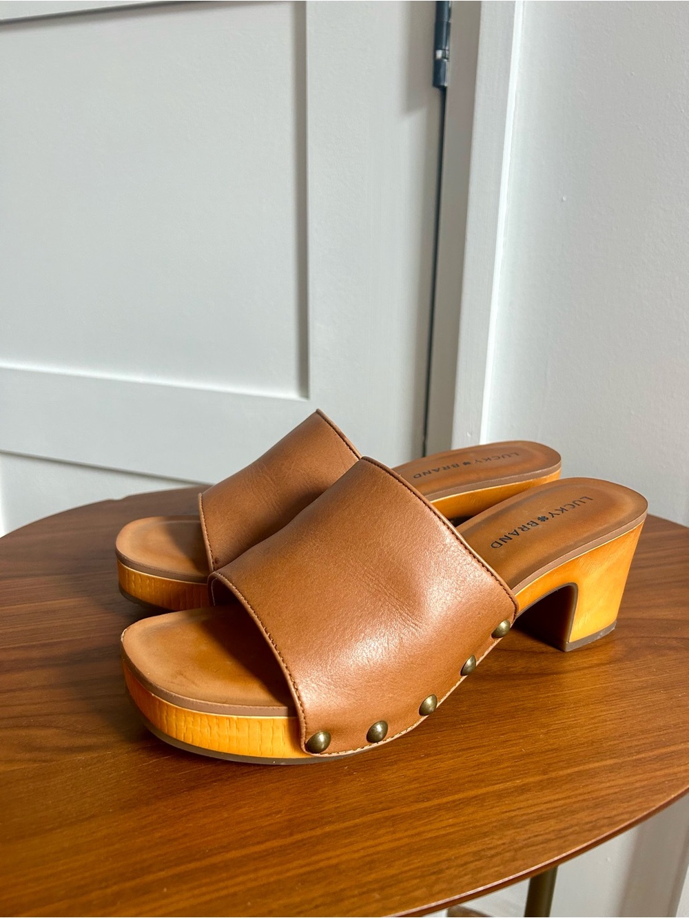 Lucky Brand Cognac Brown Leather Slide Clogs